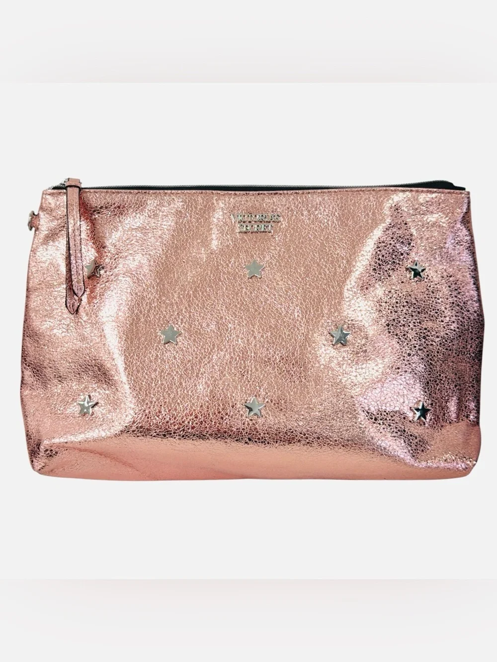 Victoria Secret Rose Gold Glitter Bling Metallic Stars Studded Makeup Bag Pouch